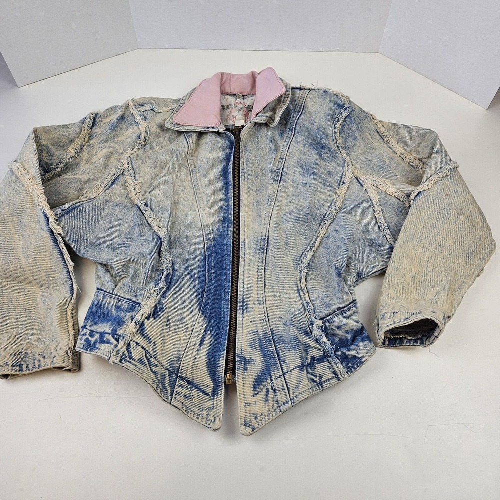 Vtg Outerwear by Phoenix Womens Denim Moto Jacket Distressed Sz Med Pink Leather